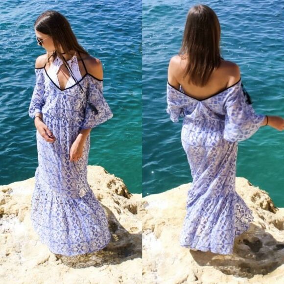 Nidodileda Sheer Jacquard Geometric Print Blue Maxi Dress Sz L Greece Made - Picture 2 of 12